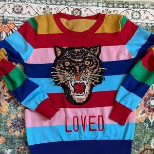 Statement Sweater Sequin Tiger Multicolor Striped Sweater “LOVED”